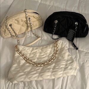 Forever 21 Quilted Chain Shoulder Bag Trio - White, Black, Cream BUNDLE